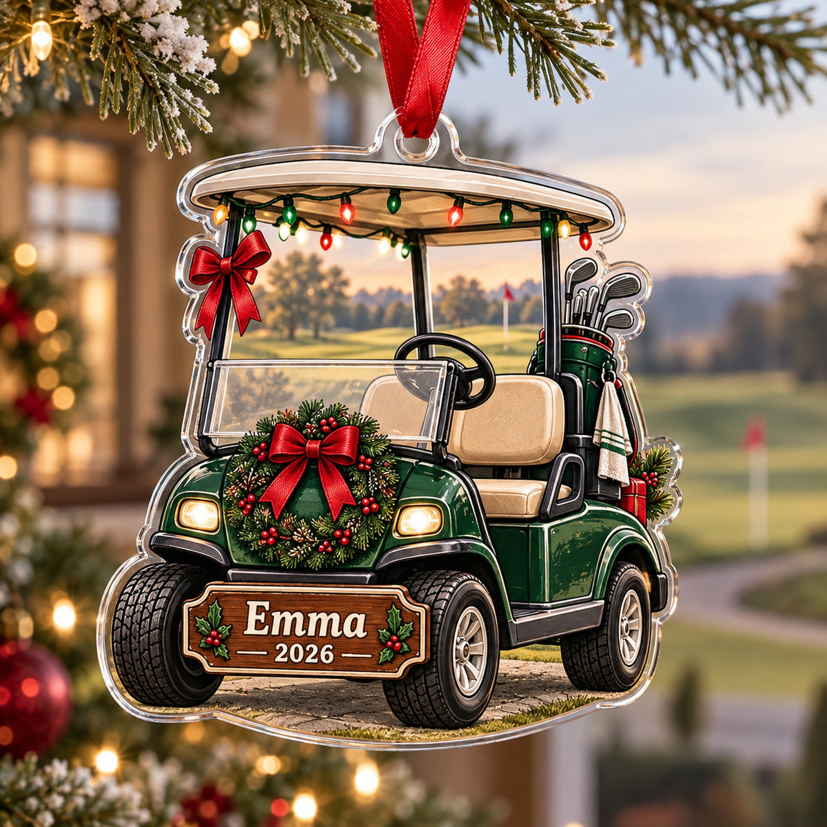 Personalized Christmas Golf Cart Acrylic Ornament — Main design