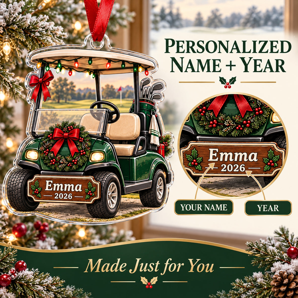 Personalized Christmas Golf Cart Acrylic Ornament — Personalization guide