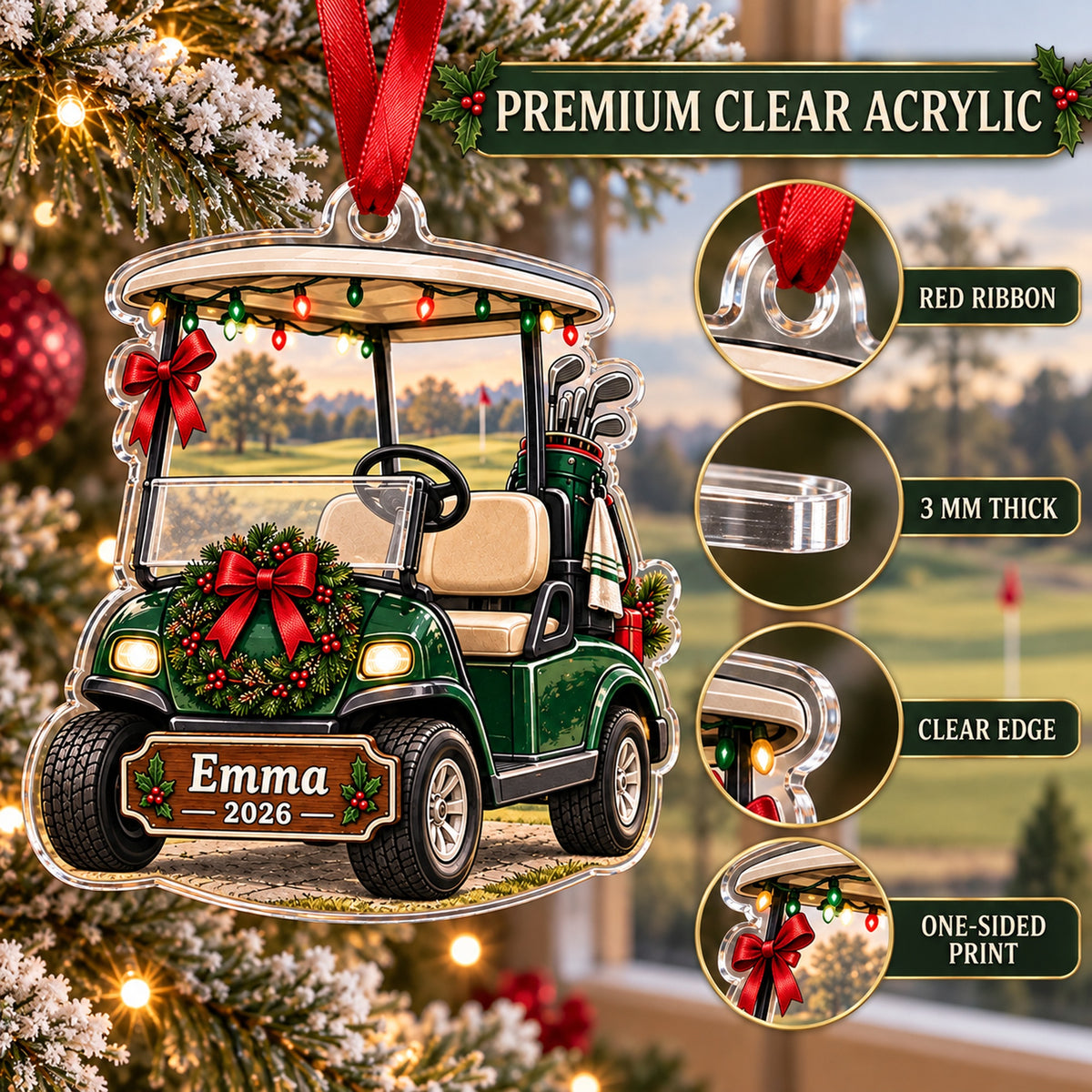 Personalized Christmas Golf Cart Acrylic Ornament — Flat acrylic material