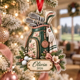 Personalized Lady Golfer Floral Bag Acrylic Ornament — Main design