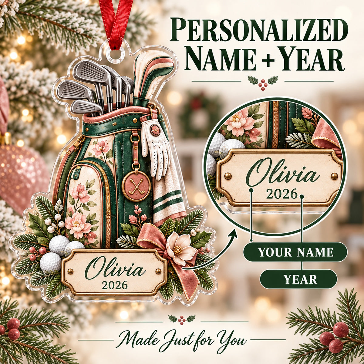 Personalized Lady Golfer Floral Bag Acrylic Ornament — Personalization guide