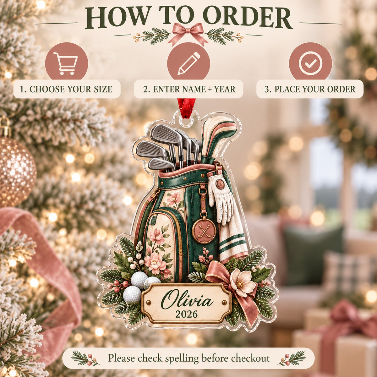 Personalized Lady Golfer Floral Bag Acrylic Ornament — Product details