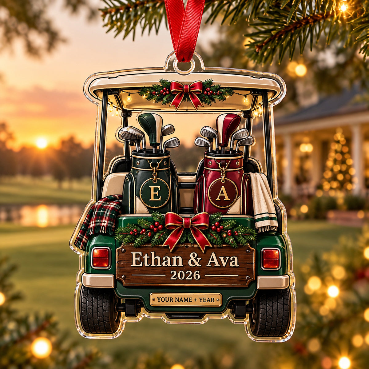 Personalized Golf Couple Cart Acrylic Ornament — Main design