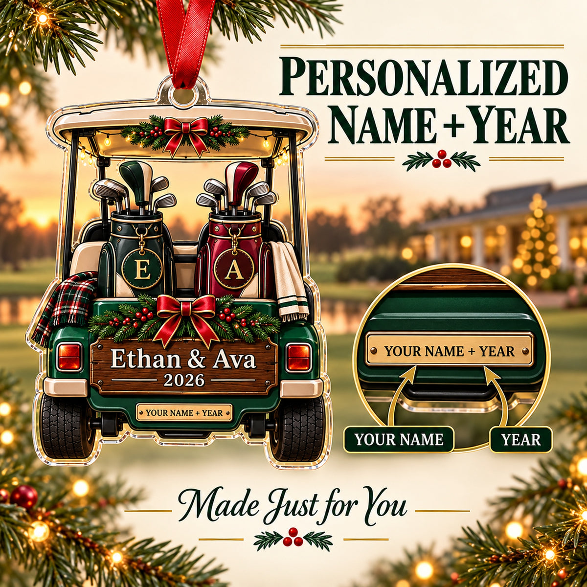 Personalized Golf Couple Cart Acrylic Ornament — Personalization guide