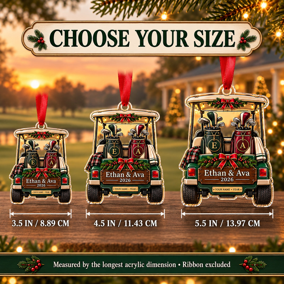 Personalized Golf Couple Cart Acrylic Ornament — Personalization example