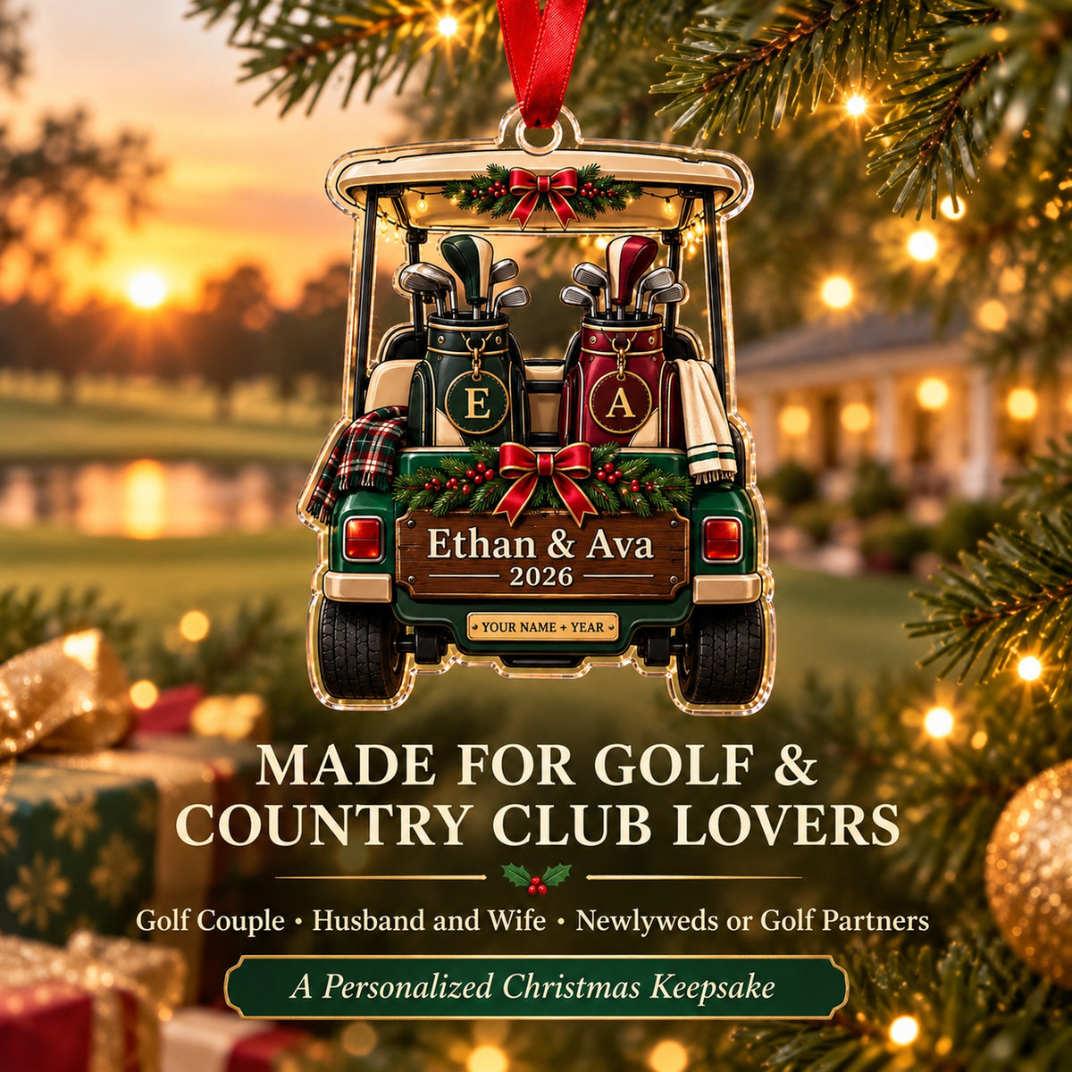 Personalized Golf Couple Cart Acrylic Ornament — Size guide