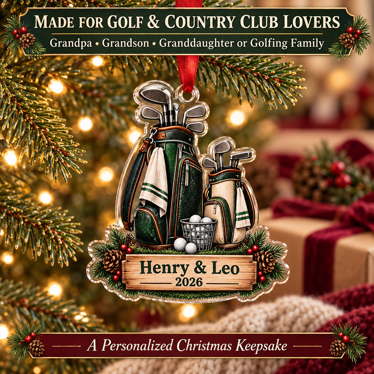 Personalized Grandpa and Grandkid Tee Time Acrylic Ornament — Size guide
