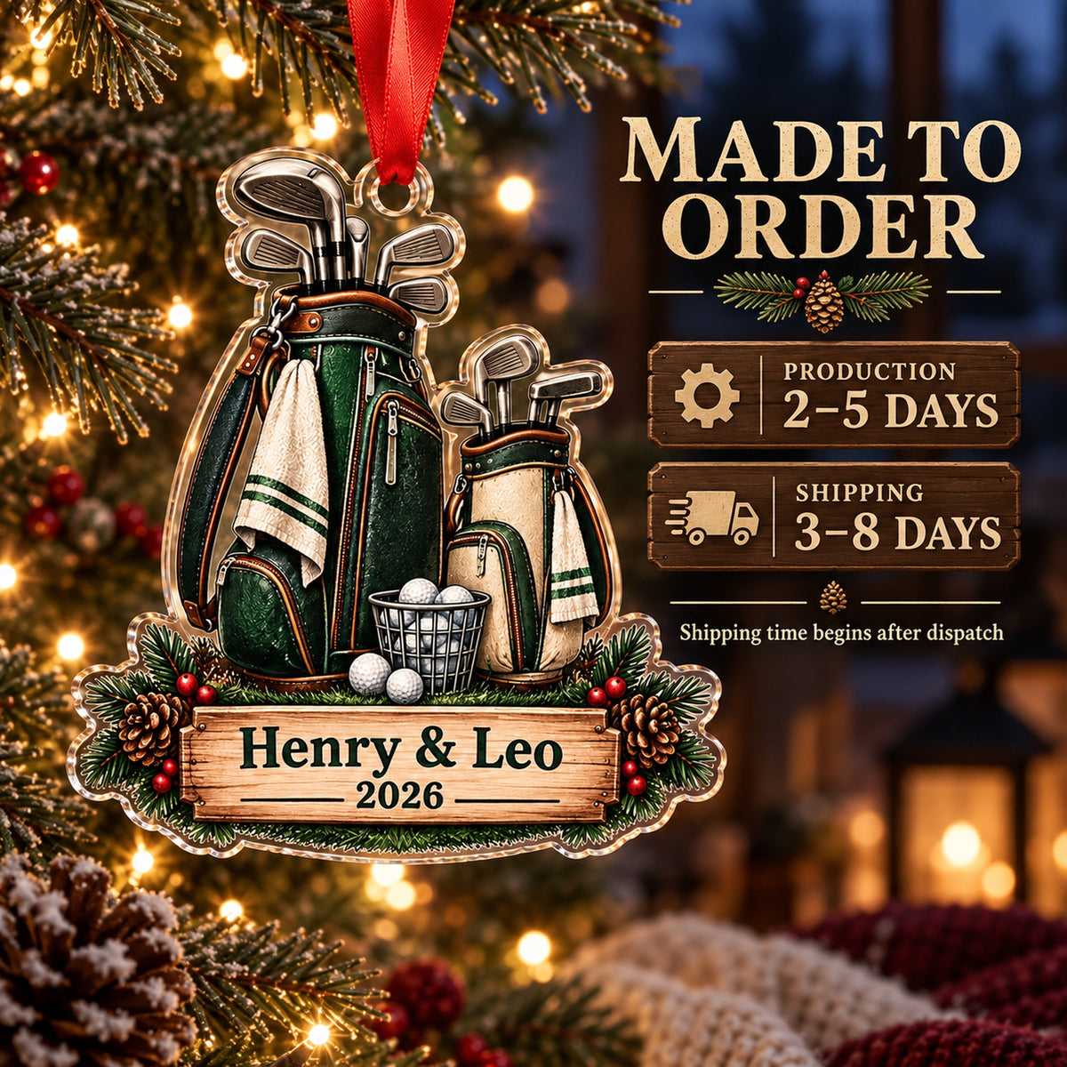 Personalized Grandpa and Grandkid Tee Time Acrylic Ornament — Production and delivery