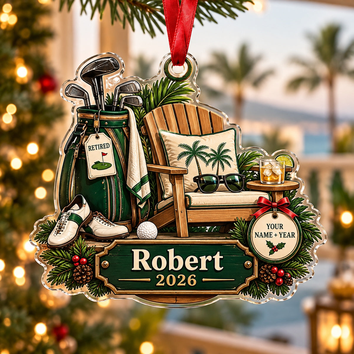 Personalized Retirement Tee Time Acrylic Ornament — Main design