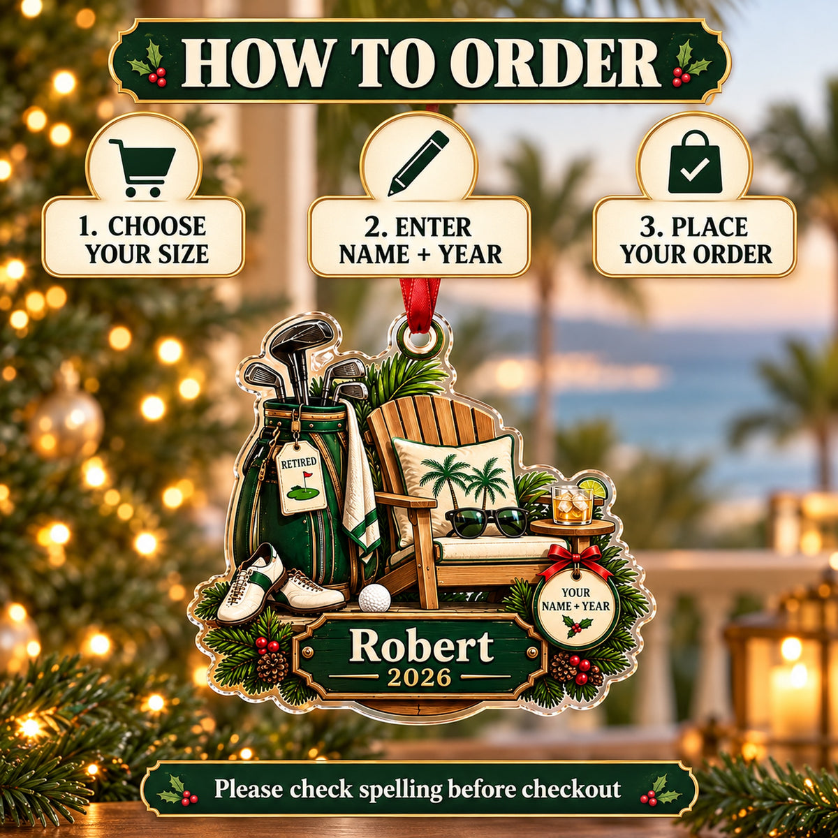 Personalized Retirement Tee Time Acrylic Ornament — Product details