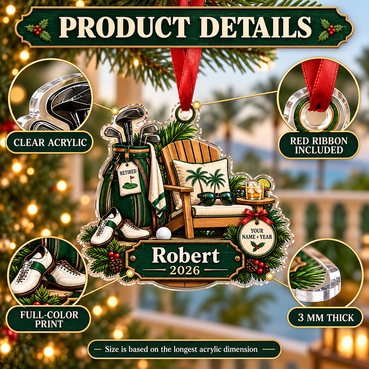 Personalized Retirement Tee Time Acrylic Ornament — How to order