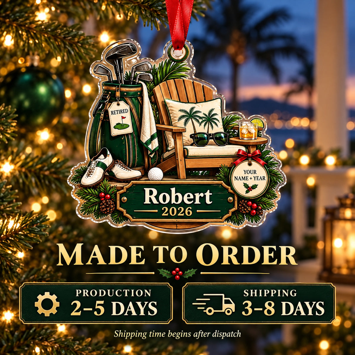 Personalized Retirement Tee Time Acrylic Ornament — Production and delivery