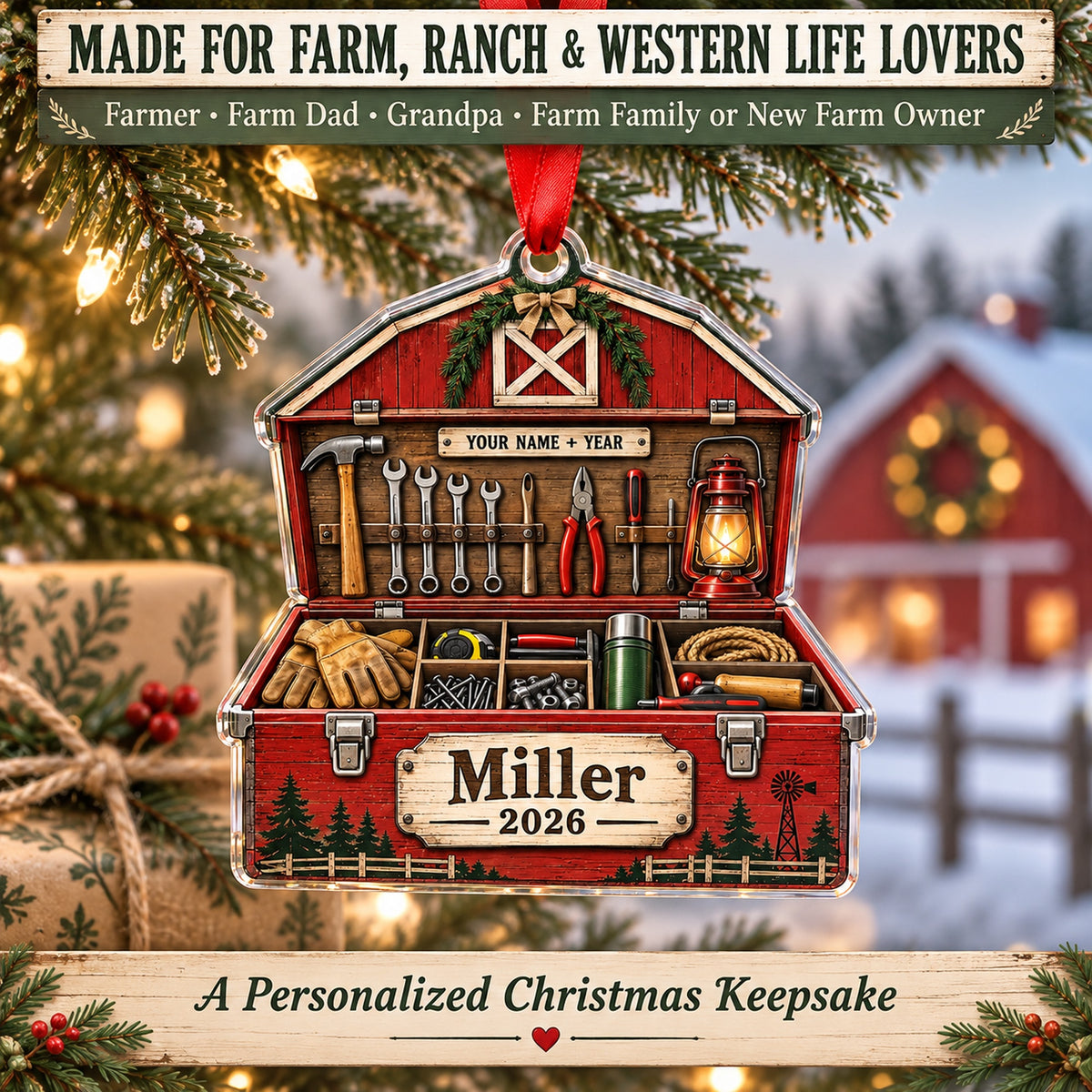 Personalized Red Barn Tool Chest Acrylic Ornament — Size guide