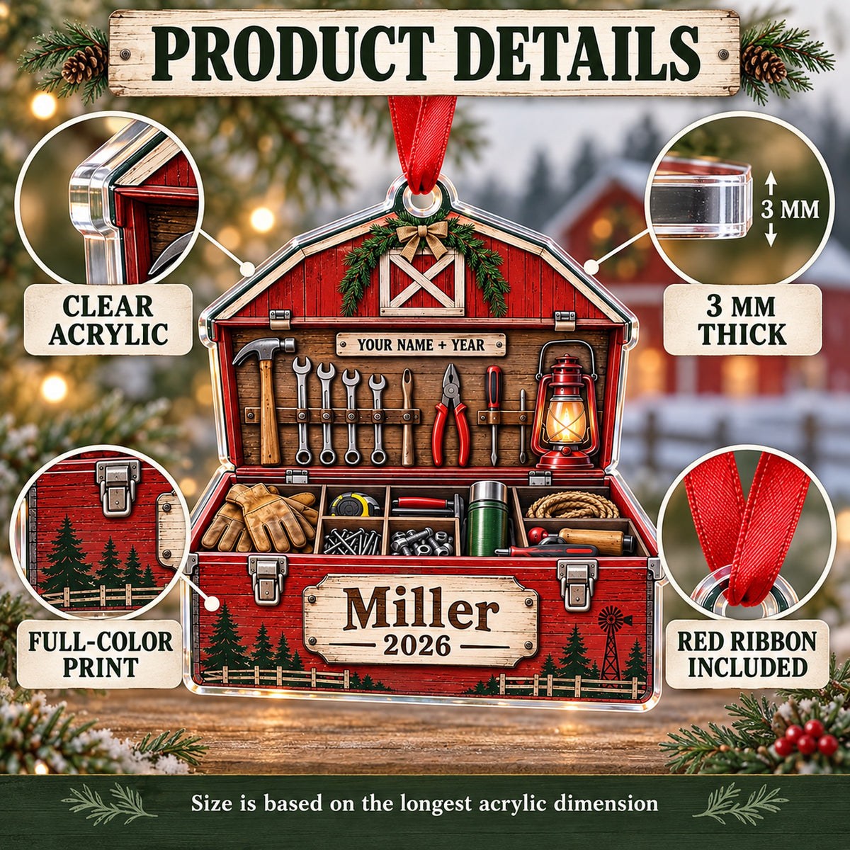 Personalized Red Barn Tool Chest Acrylic Ornament — How to order