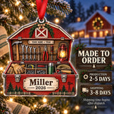 Personalized Red Barn Tool Chest Acrylic Ornament — Production and delivery