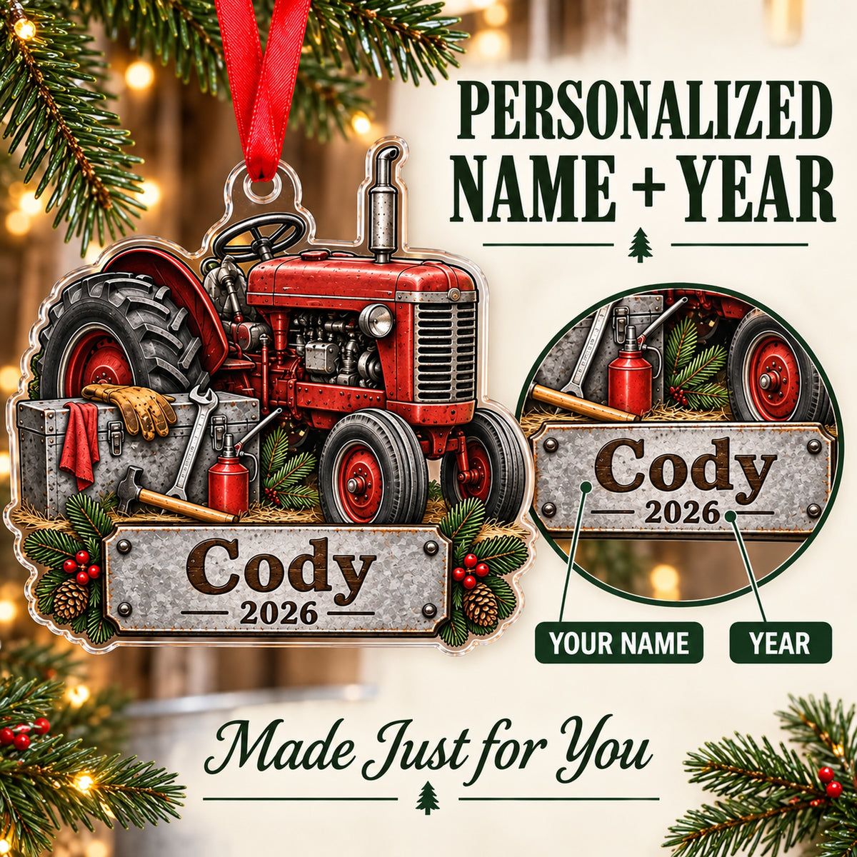 Personalized Tractor Tool Box Acrylic Ornament — Personalization guide