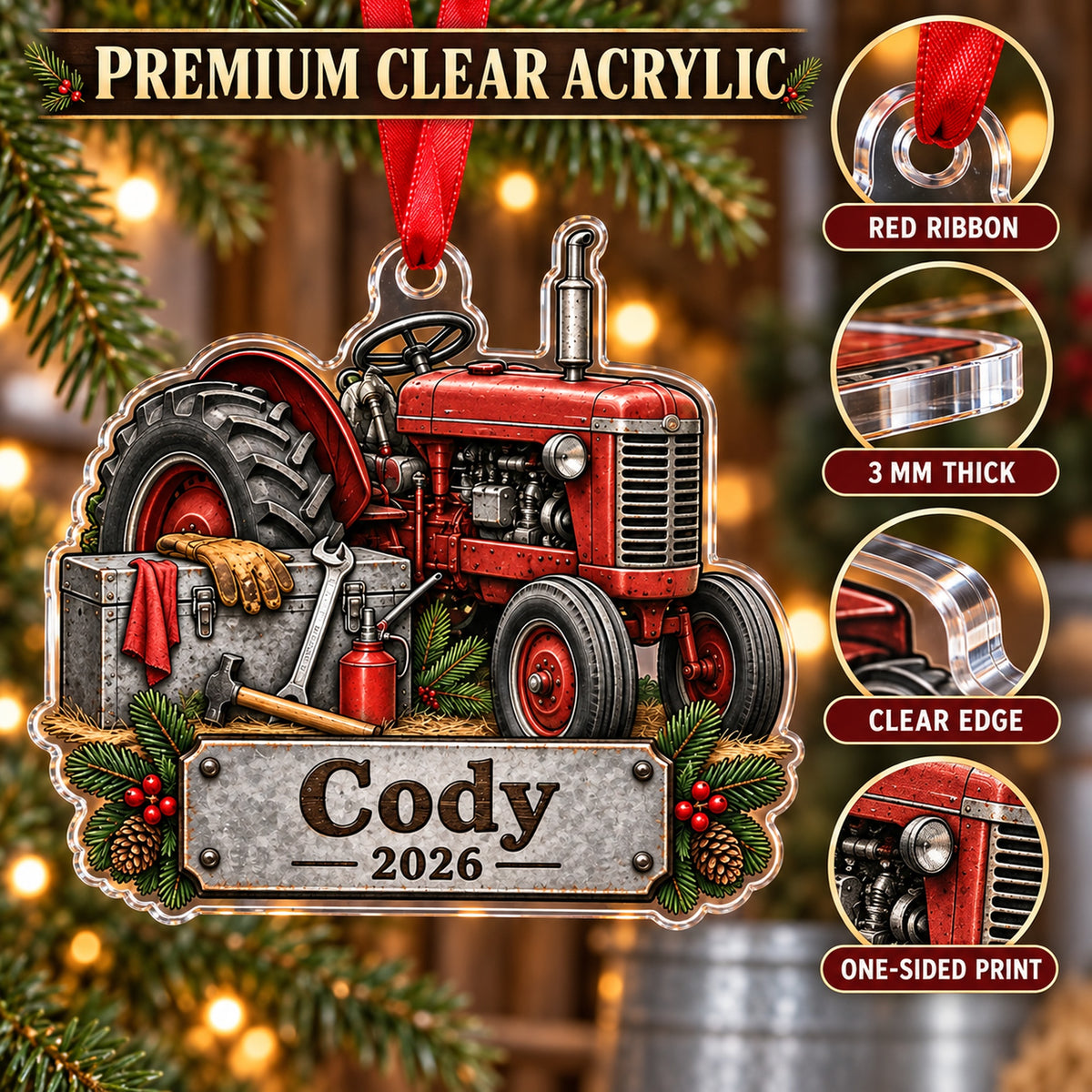 Personalized Tractor Tool Box Acrylic Ornament — Flat acrylic material