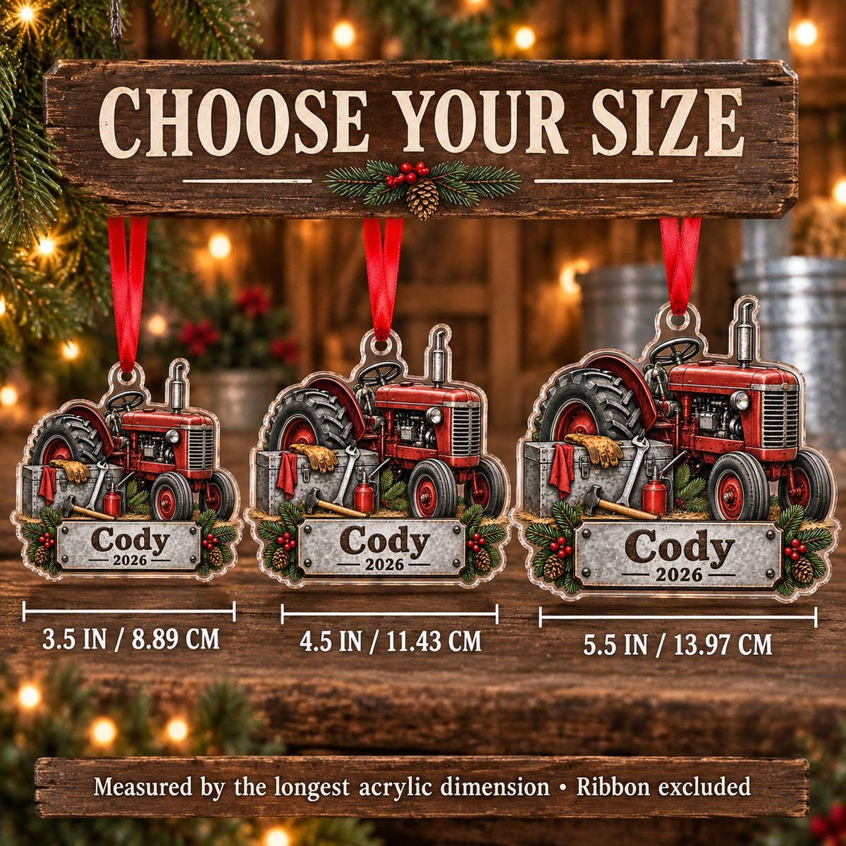 Personalized Tractor Tool Box Acrylic Ornament — Personalization example