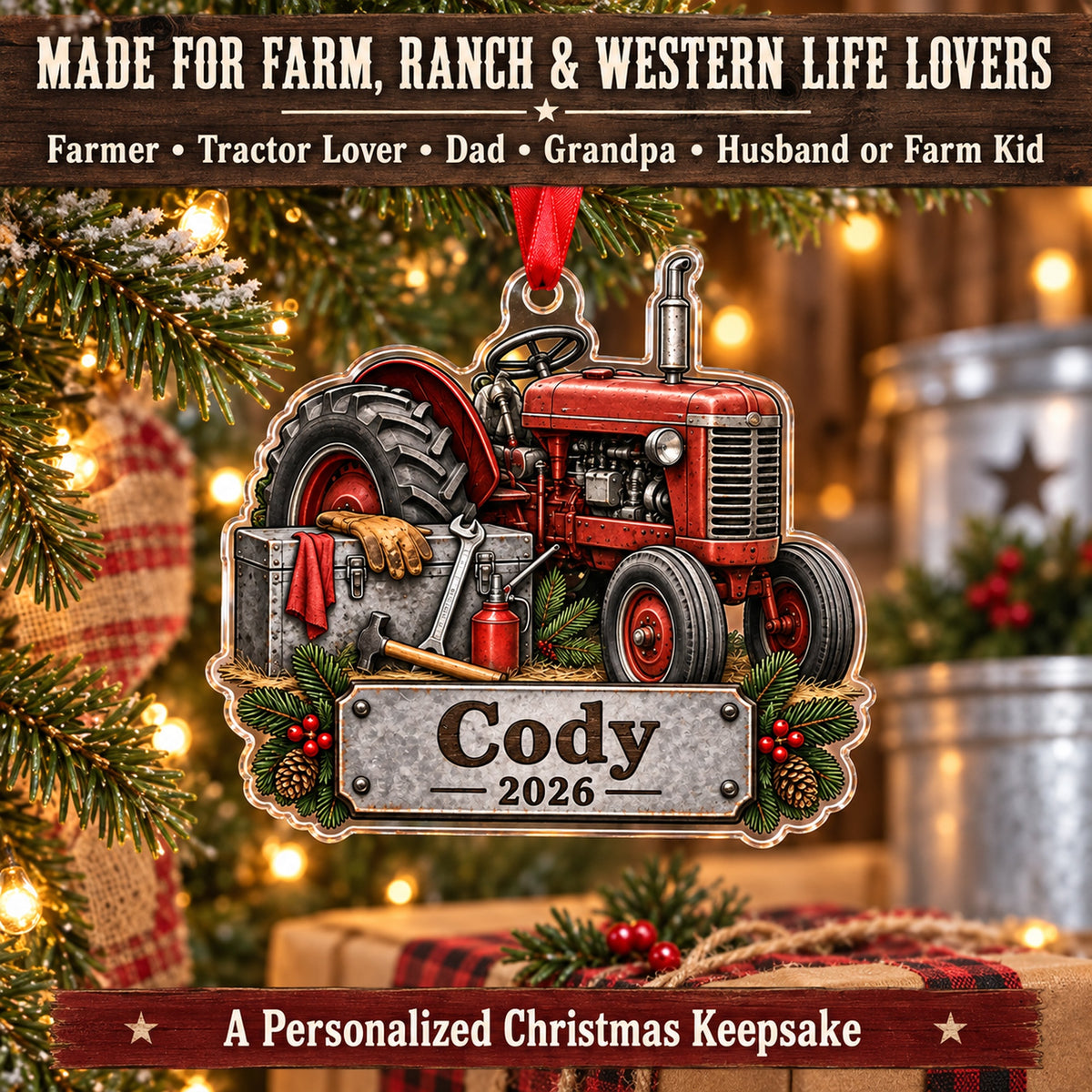 Personalized Tractor Tool Box Acrylic Ornament — Size guide