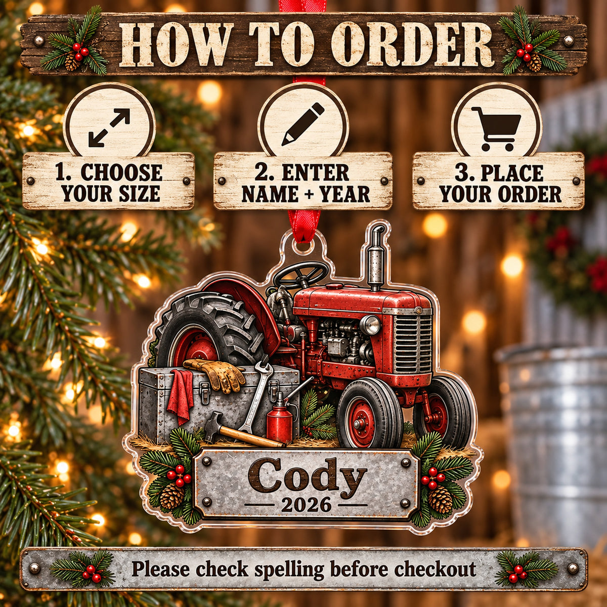 Personalized Tractor Tool Box Acrylic Ornament — Product details
