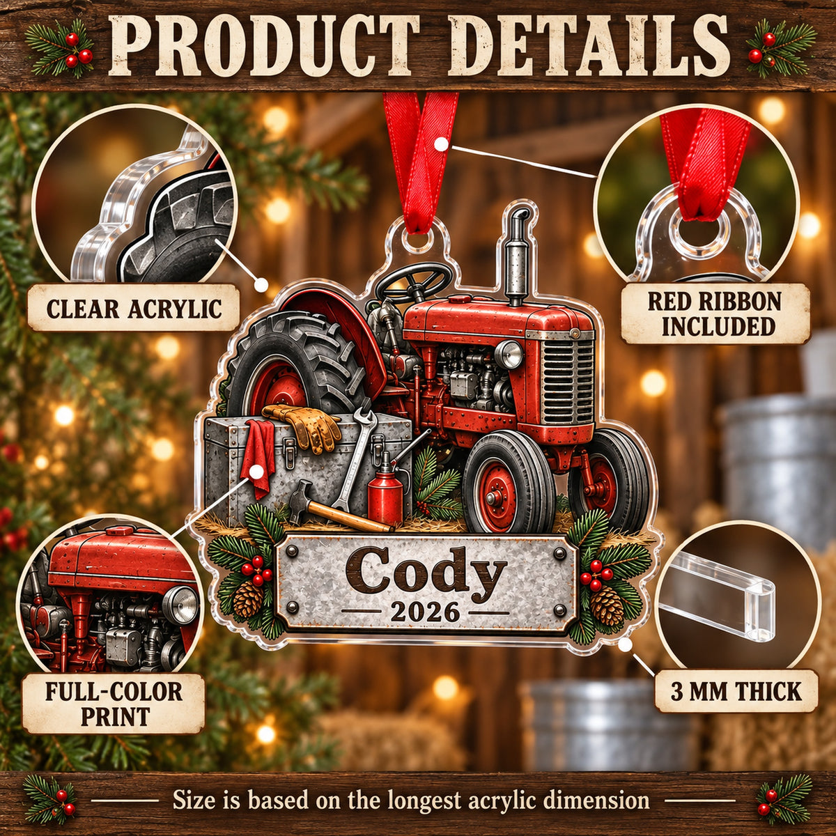 Personalized Tractor Tool Box Acrylic Ornament — How to order