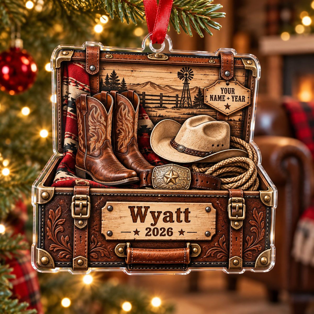 Personalized Cowboy Boots and Hat Trunk Acrylic Ornament — Main design