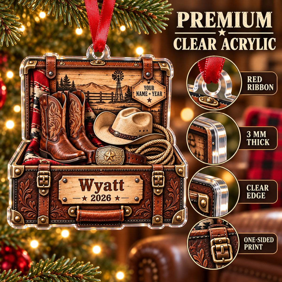 Personalized Cowboy Boots and Hat Trunk Acrylic Ornament — Flat acrylic material