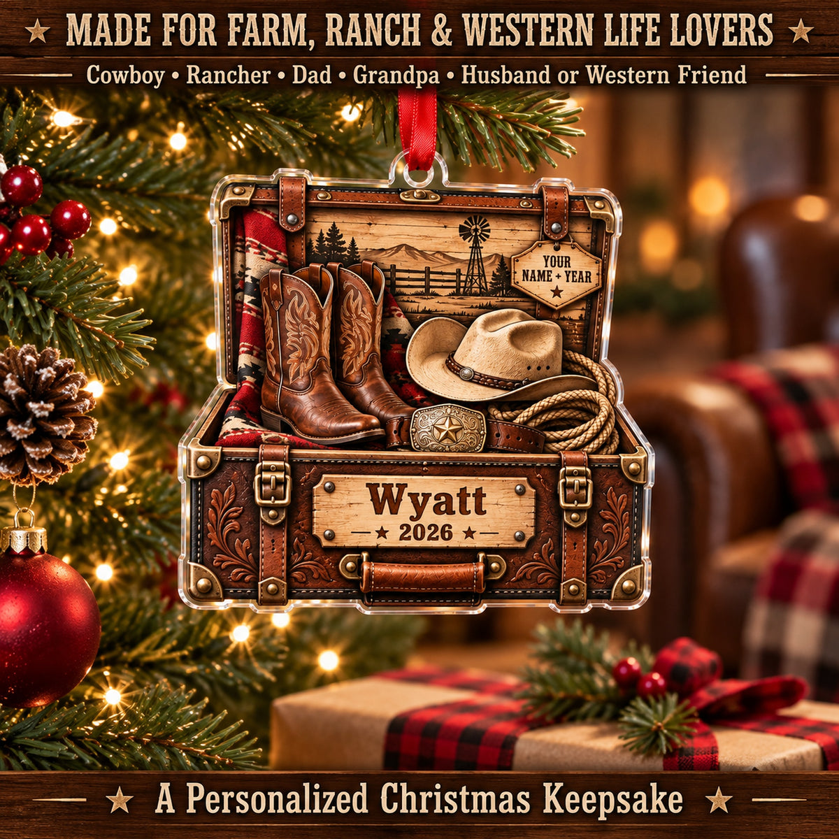 Personalized Cowboy Boots and Hat Trunk Acrylic Ornament — Size guide