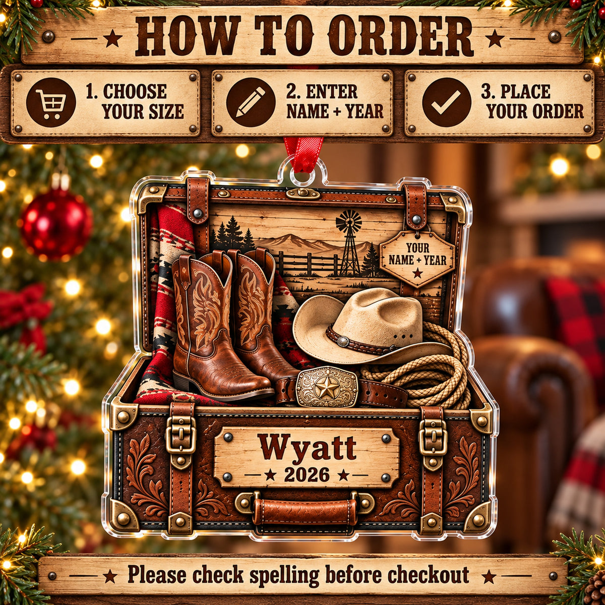 Personalized Cowboy Boots and Hat Trunk Acrylic Ornament — Product details