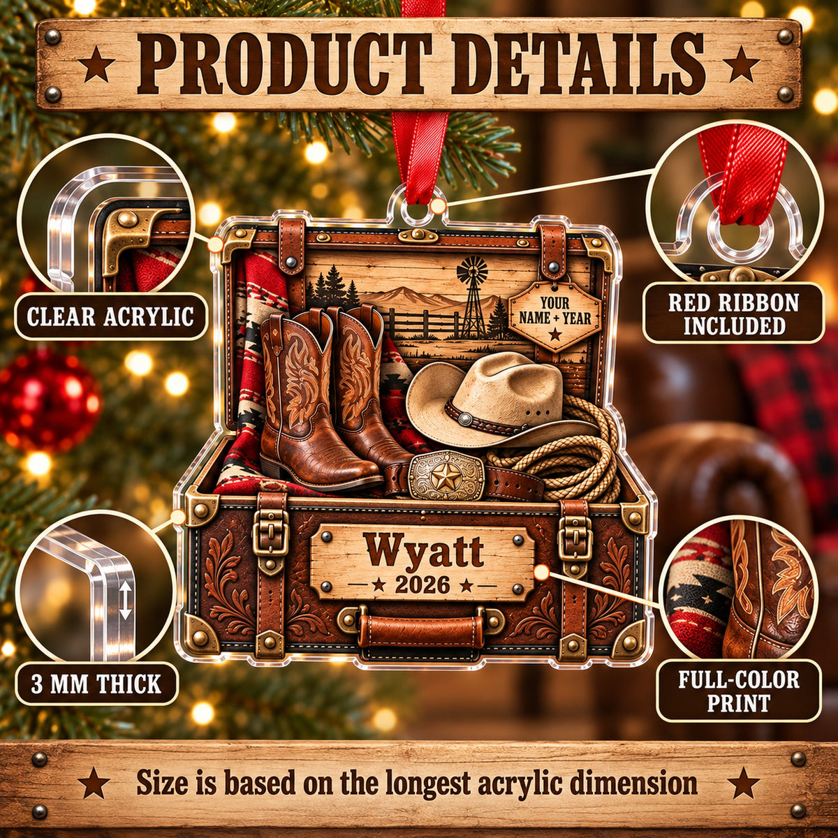 Personalized Cowboy Boots and Hat Trunk Acrylic Ornament — How to order