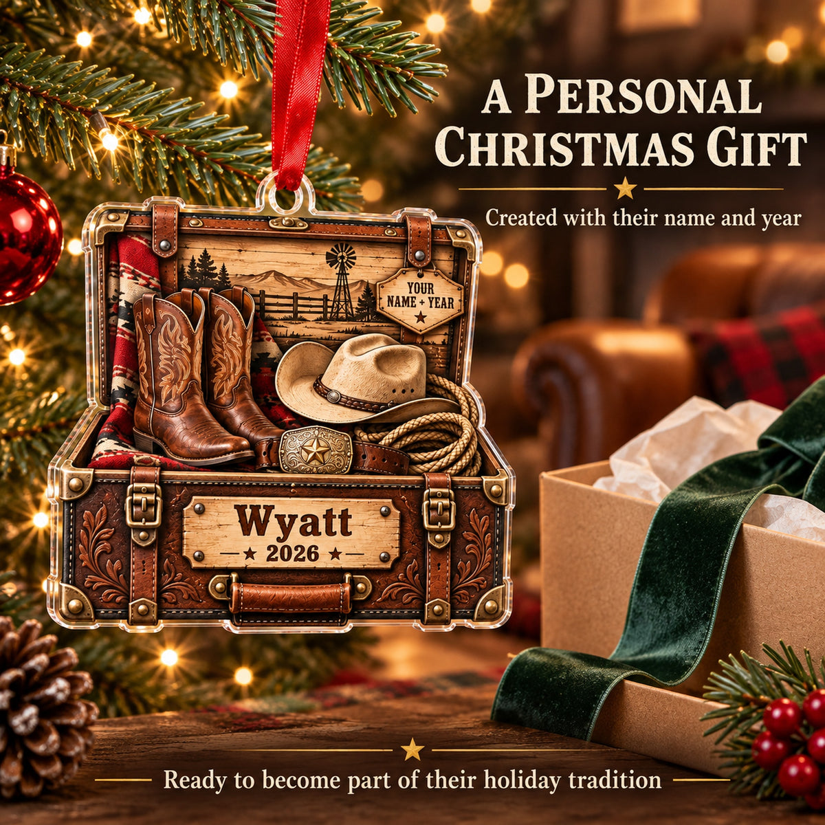 Personalized Cowboy Boots and Hat Trunk Acrylic Ornament — Gift inspiration