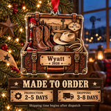 Personalized Cowboy Boots and Hat Trunk Acrylic Ornament — Production and delivery