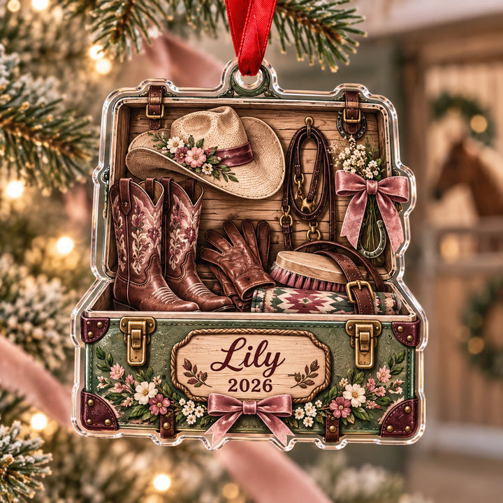 Personalized Cowgirl Pink Tack Box Acrylic Ornament — Main design
