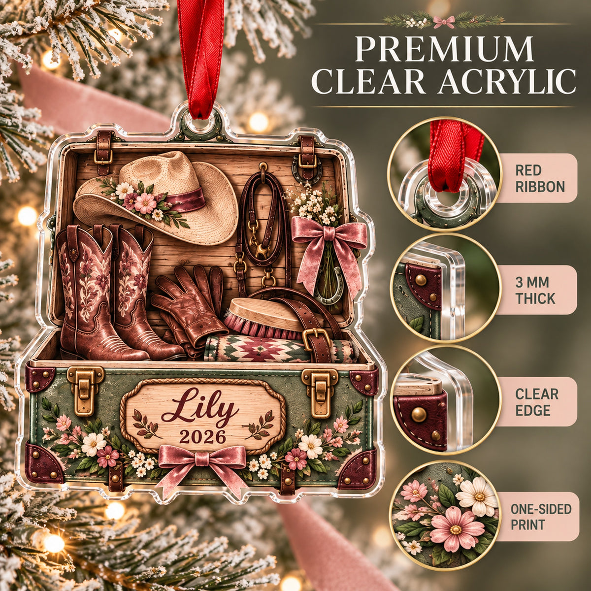 Personalized Cowgirl Pink Tack Box Acrylic Ornament — Flat acrylic material