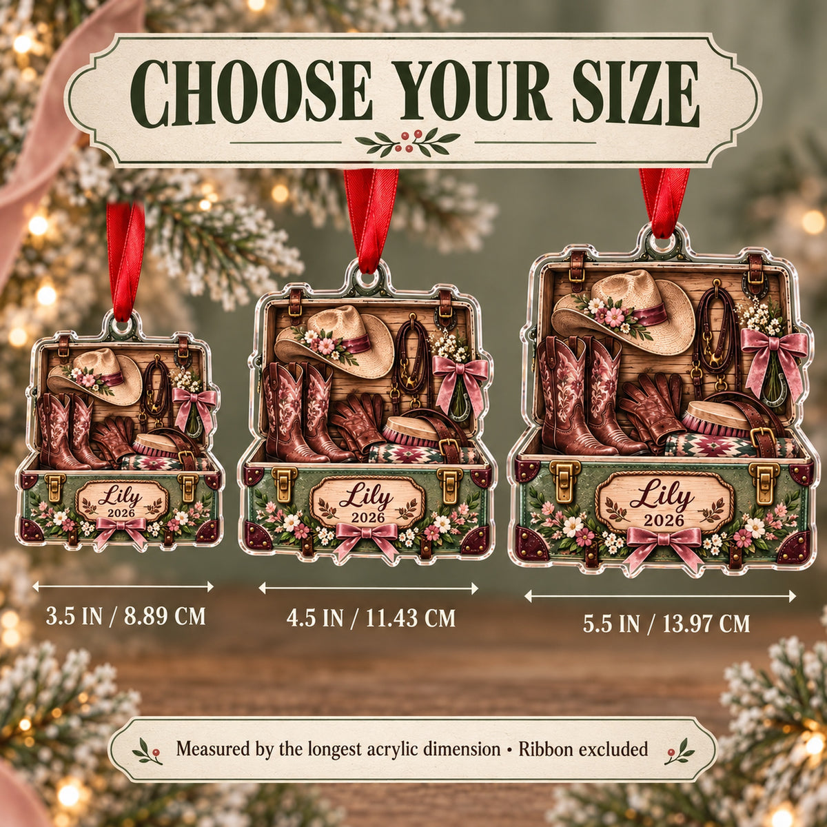 Personalized Cowgirl Pink Tack Box Acrylic Ornament — Personalization example
