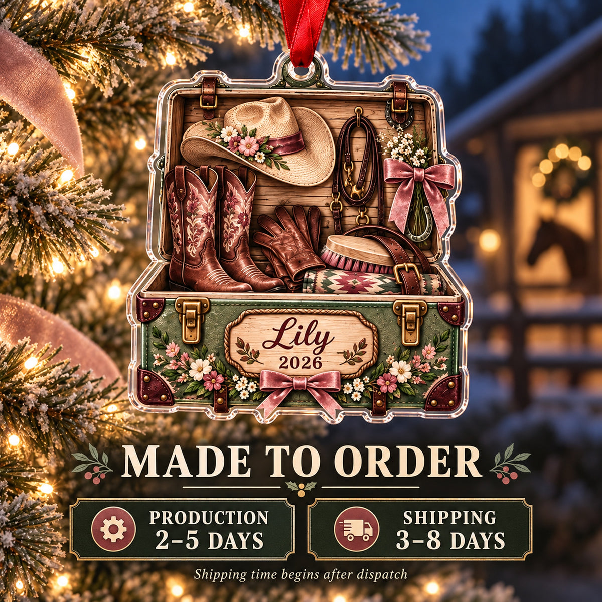 Personalized Cowgirl Pink Tack Box Acrylic Ornament — Production and delivery