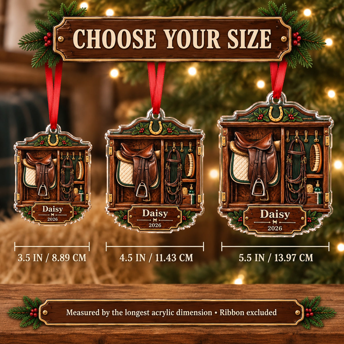 Personalized Horse Saddle Tack Room Acrylic Ornament — Personalization example