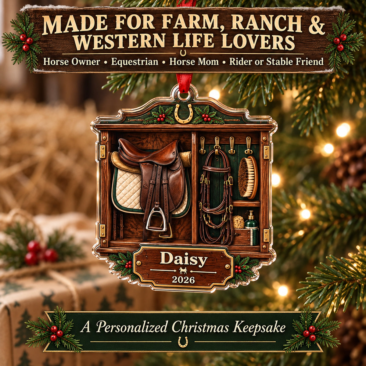 Personalized Horse Saddle Tack Room Acrylic Ornament — Size guide