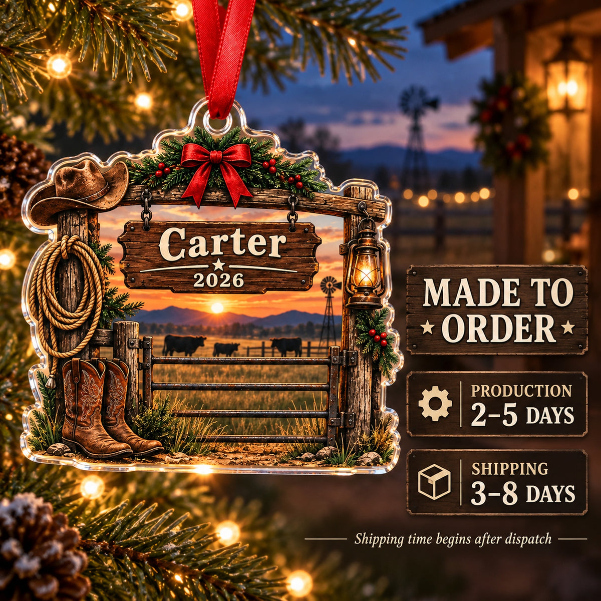Personalized Cattle Ranch Gate Acrylic Ornament — Production and delivery