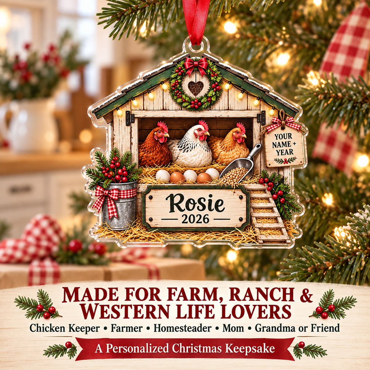 Personalized Chicken Coop Crate Acrylic Ornament — Size guide