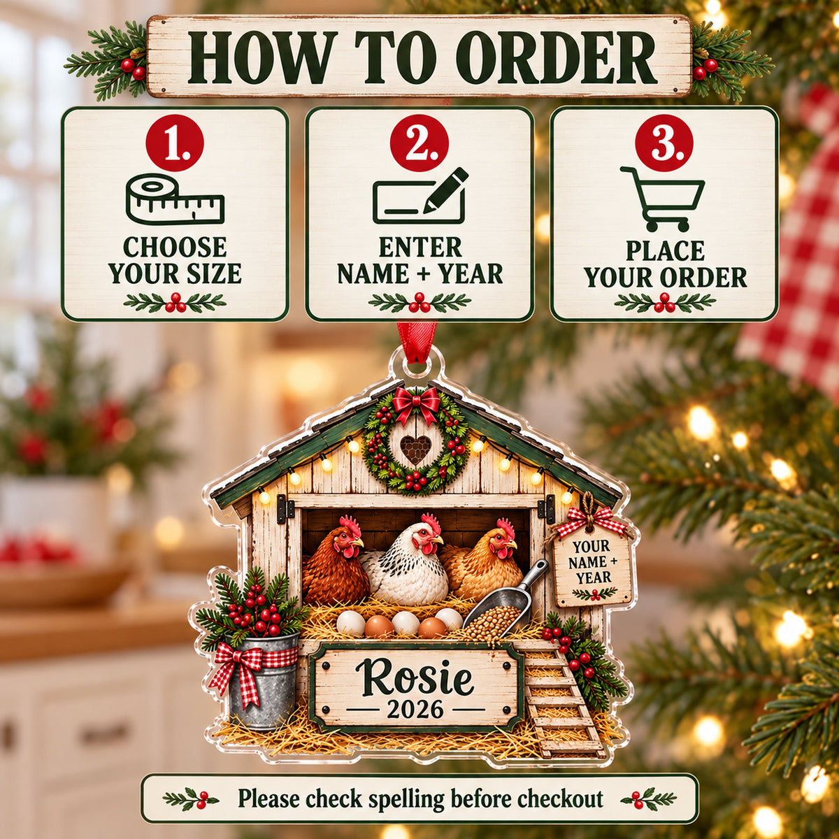 Personalized Chicken Coop Crate Acrylic Ornament — Product details