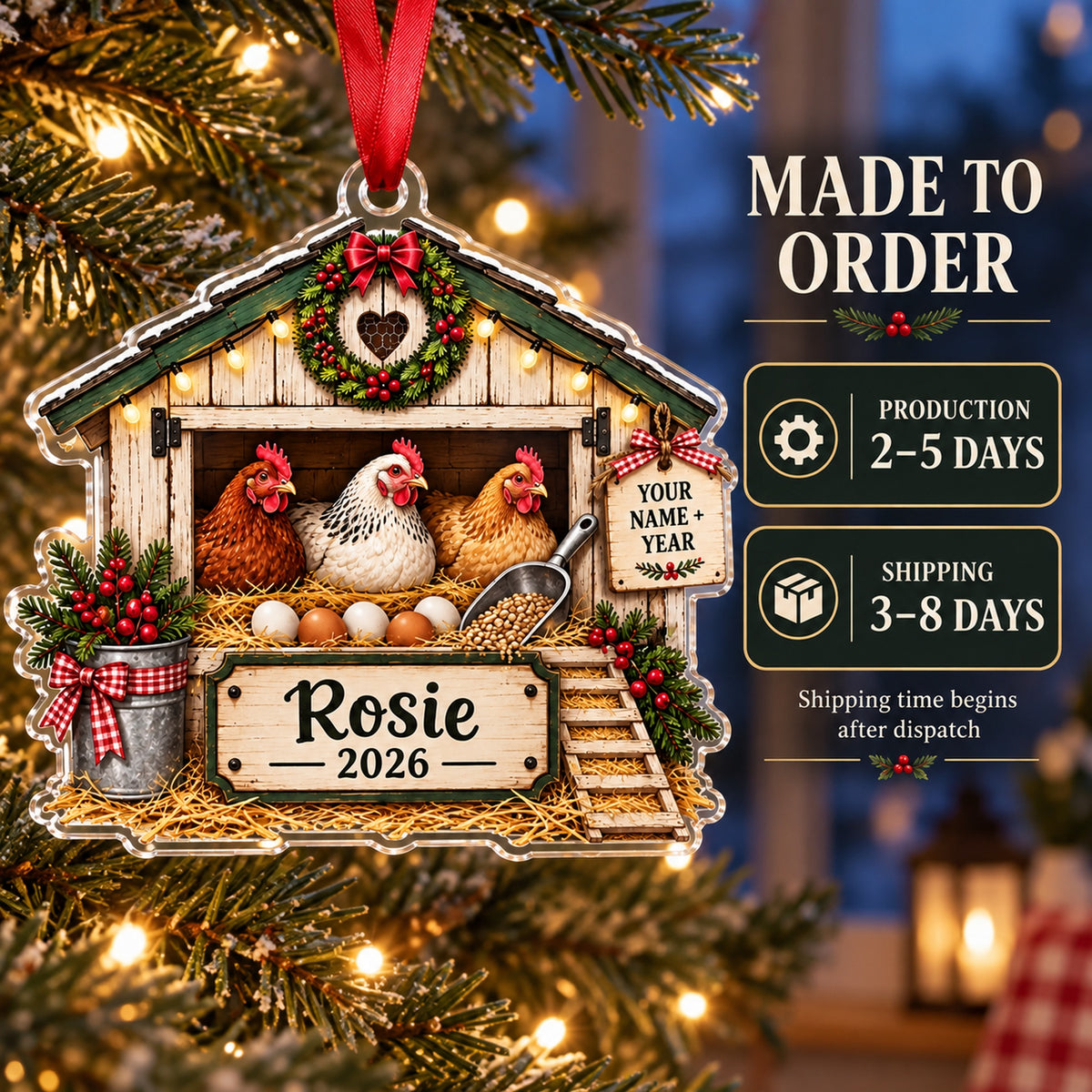 Personalized Chicken Coop Crate Acrylic Ornament — Production and delivery