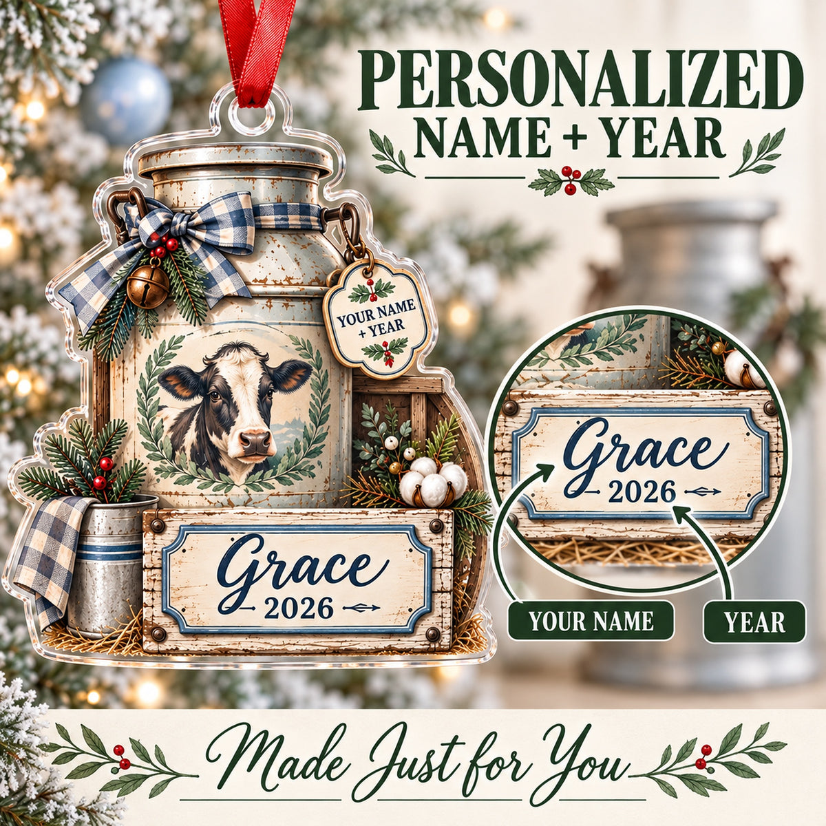 Personalized Dairy Farm Milk Can Scene Acrylic Ornament — Personalization guide