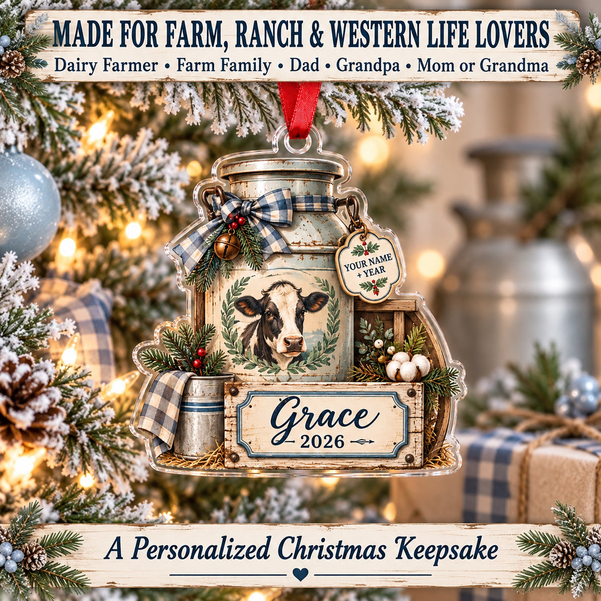 Personalized Dairy Farm Milk Can Scene Acrylic Ornament — Size guide
