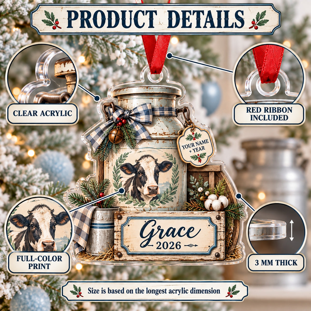 Personalized Dairy Farm Milk Can Scene Acrylic Ornament — How to order