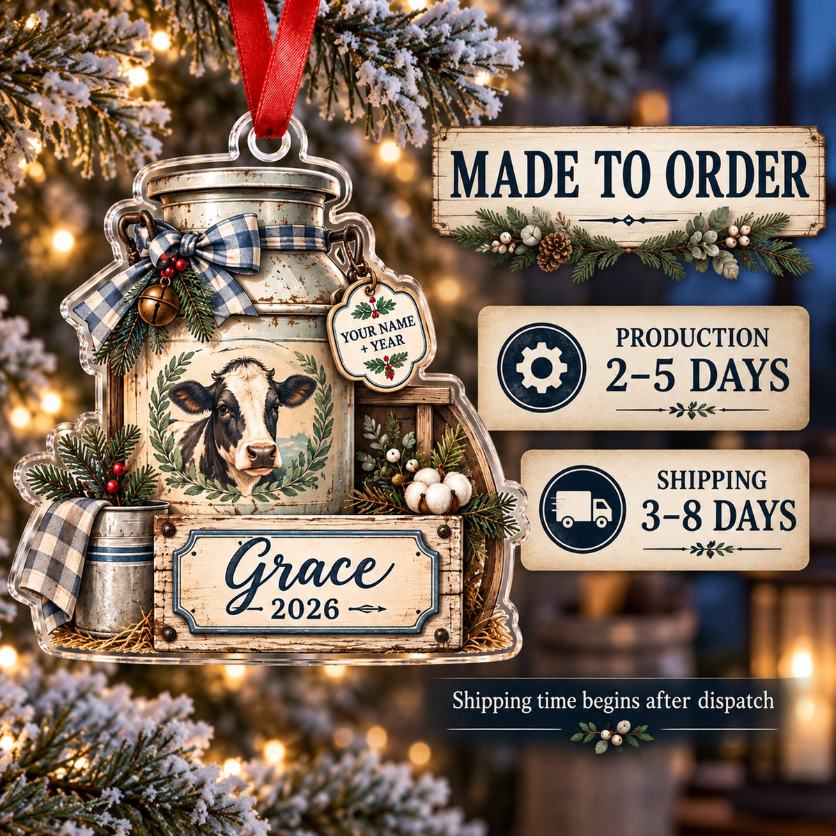 Personalized Dairy Farm Milk Can Scene Acrylic Ornament — Production and delivery