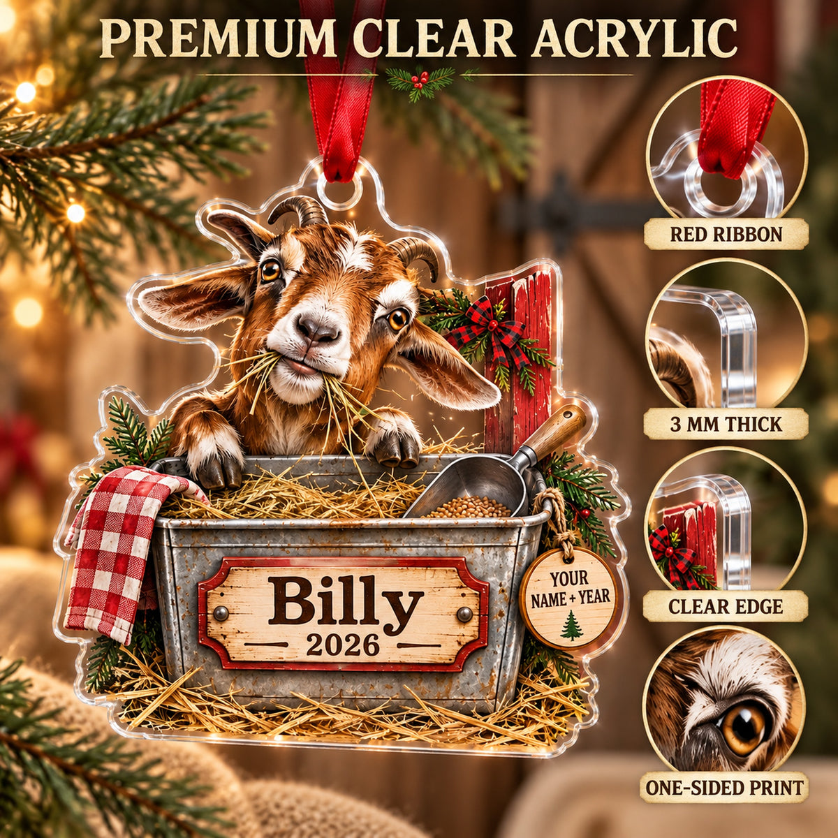 Personalized Goat Farm Feed Bin Acrylic Ornament — Flat acrylic material