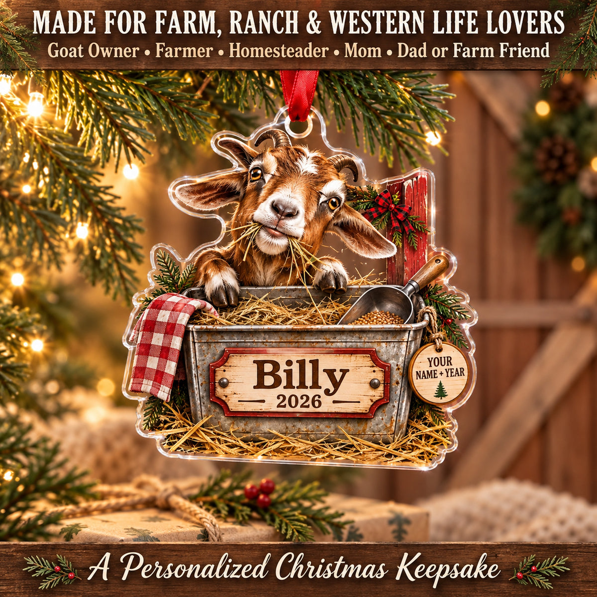 Personalized Goat Farm Feed Bin Acrylic Ornament — Size guide