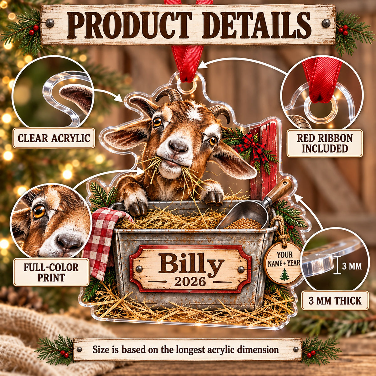 Personalized Goat Farm Feed Bin Acrylic Ornament — How to order