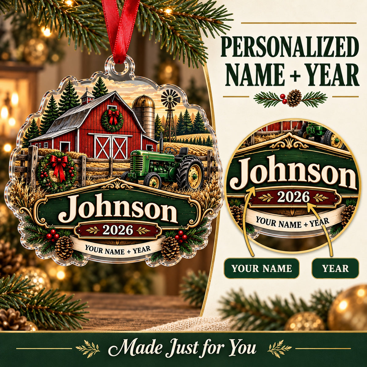 Personalized Three Generation Family Farm Acrylic Ornament — Personalization guide